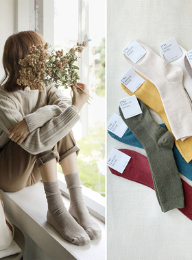 简约纯色女袜韩国ETNA进口中筒袜时尚长筒堆堆袜日系春秋运动袜子