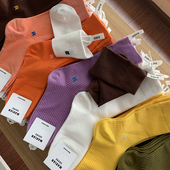 韩国东大门正品 R标签字母袜子糖果色中长筒袜堆袜纯色条纹棉袜女