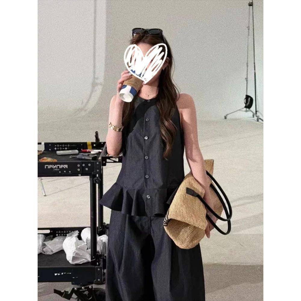 韩系休闲套装女夏季法式荷叶边无袖背心衬衫上衣宽松阔腿裤两件套