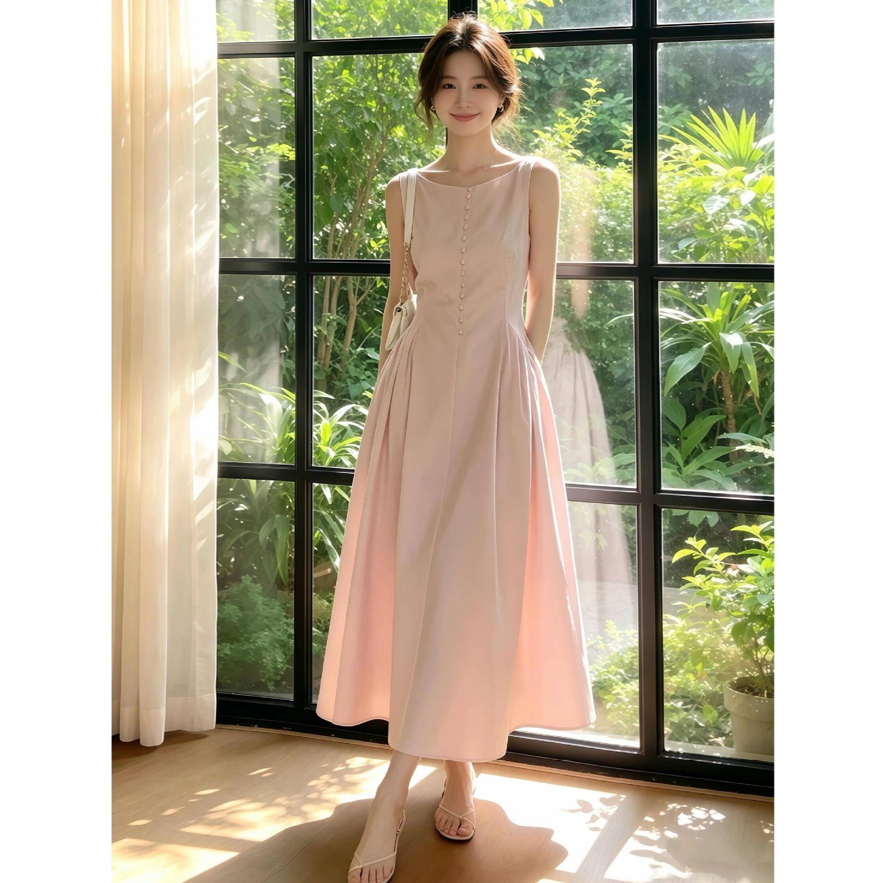 小个子巨好看法式粉色无袖连衣裙子女初夏独特漂亮高级感a字长裙