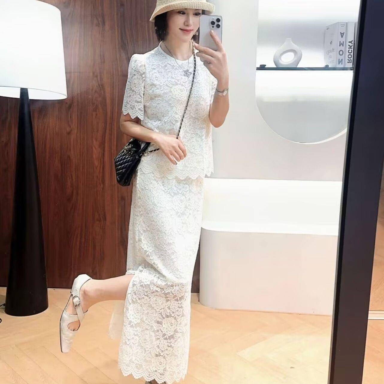 蕾丝镂空短袖上衣+半身裙两件套女2026夏季新款气质显瘦减龄套装