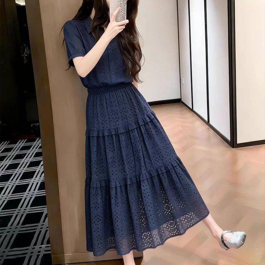 法式蓝色镂空衬衫连衣裙女2026夏季新款设计感小众别致收腰长裙子