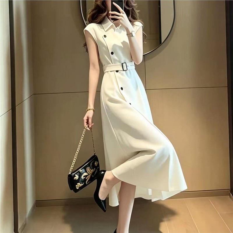杰雅服饰白色无袖连衣裙女高级感御姐气质大方得体独特漂亮长裙女