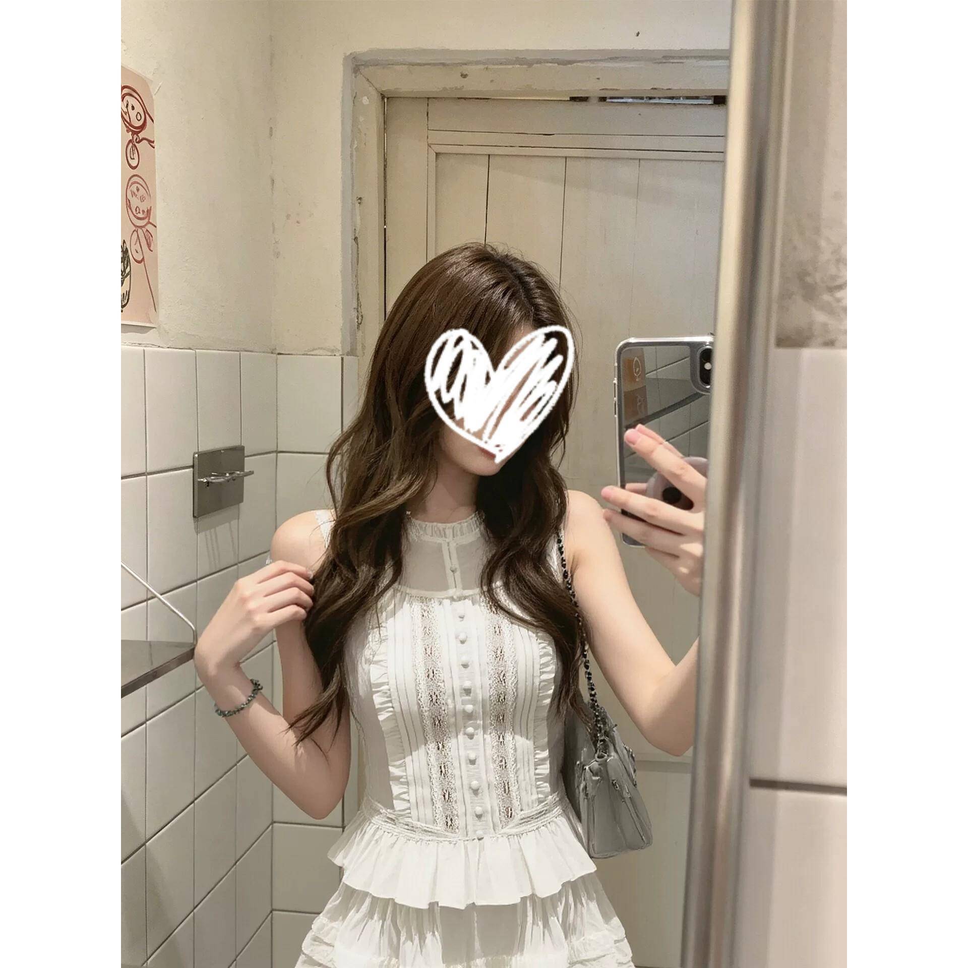 亚麻/天丝法式白色荷叶花边无袖背心上衣高腰半裙女夏季两件套装