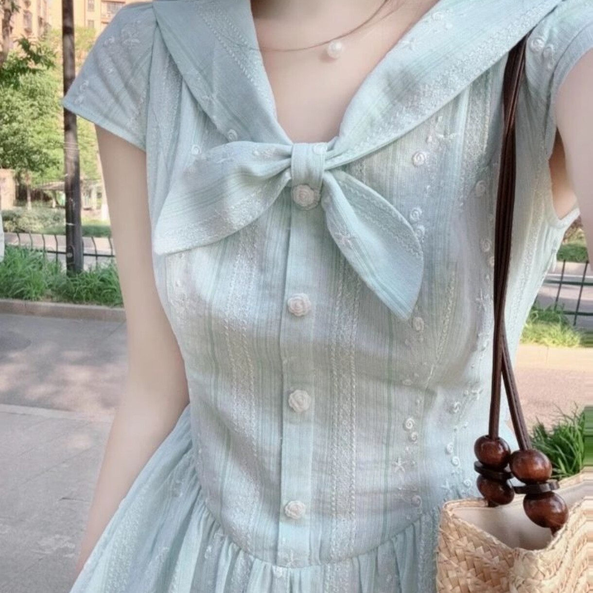 小清新蓝色海军领短袖连衣裙女夏日绝美高级感掐腰A字长裙