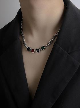 金属男士钛钢项链男款复古宝石水晶多色毛衣链嘻哈学生饰品女