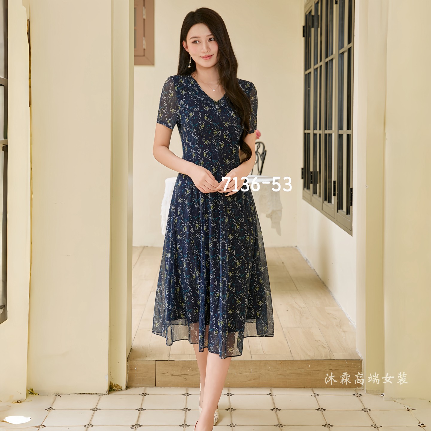 凯永2026夏季新款台湾纱料连衣裙隆穈丝女修身显瘦气质妈妈装7136