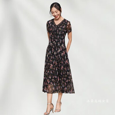 隆穈丝2025夏季新款台湾纱料凯永连衣裙女装显瘦气质妈妈装7822