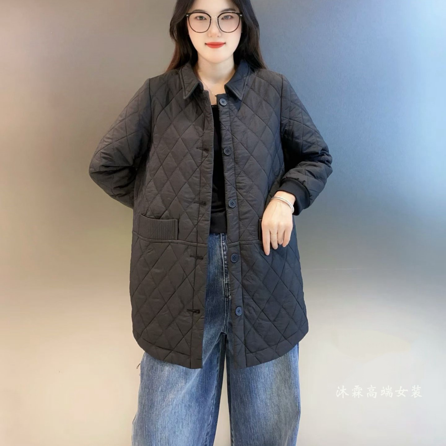 雅姿赏色珊瑚花2025秋冬新款上衣大码显瘦宽松夹棉百搭外套48023