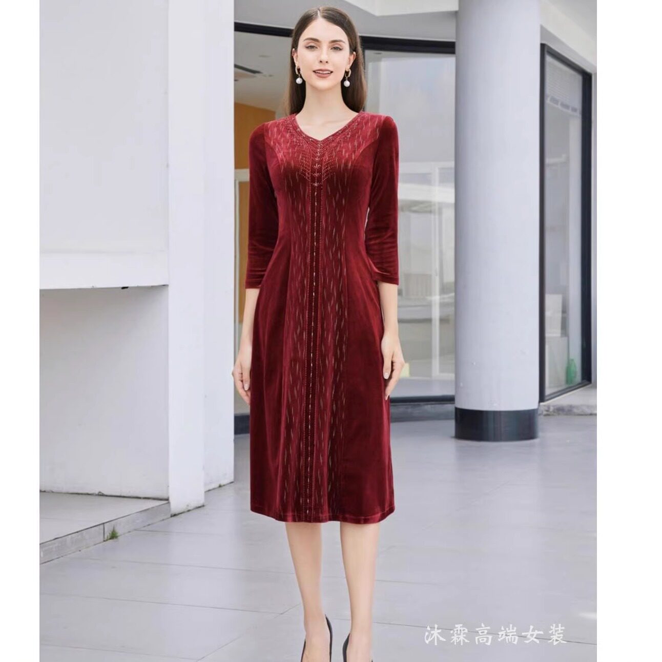 萱斐桠秋冬新款时尚显瘦大码气质修身妈妈婚宴礼服连衣裙8012