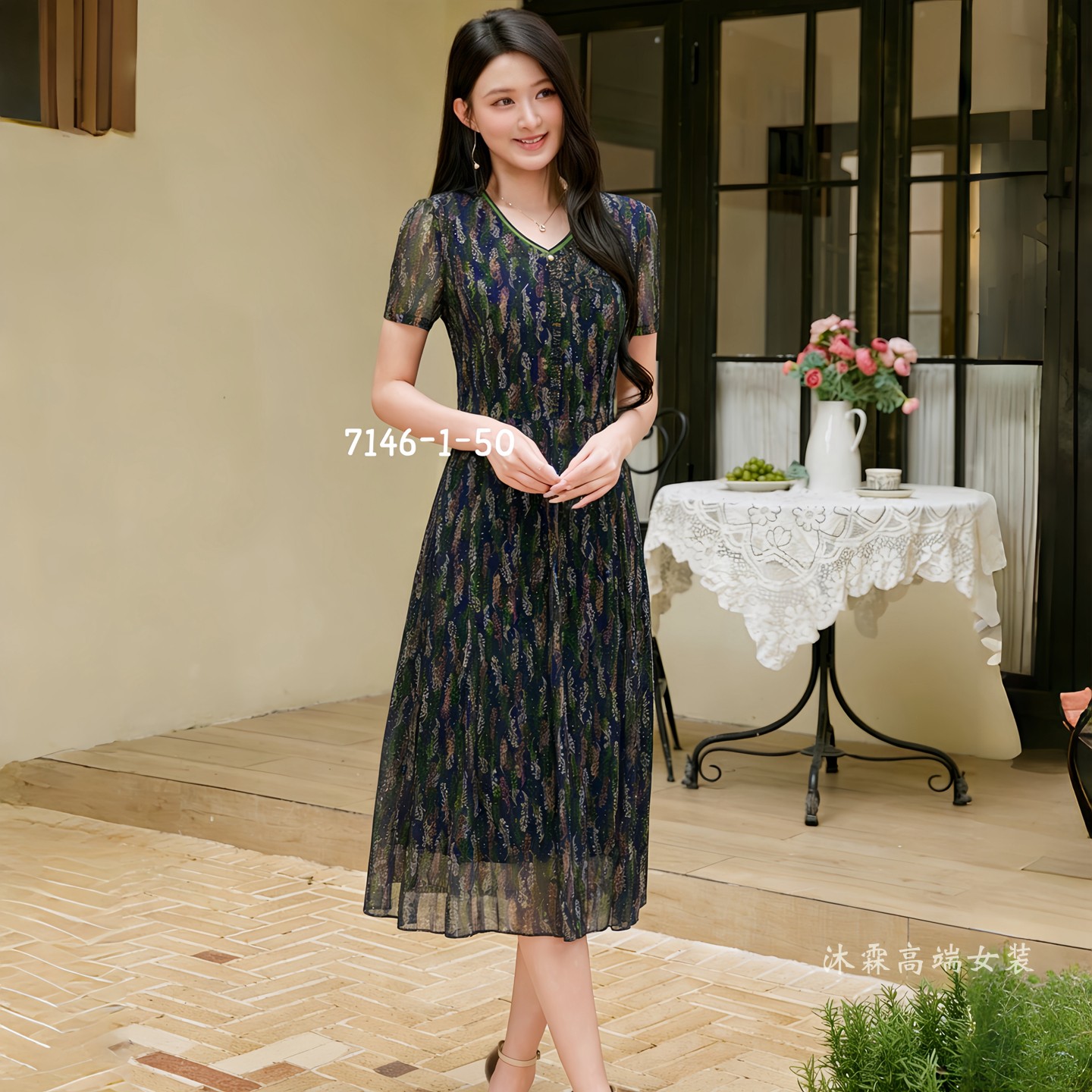 凯永2026夏季新款台湾纱料连衣裙隆穈丝女修身显瘦气质妈妈装7146
