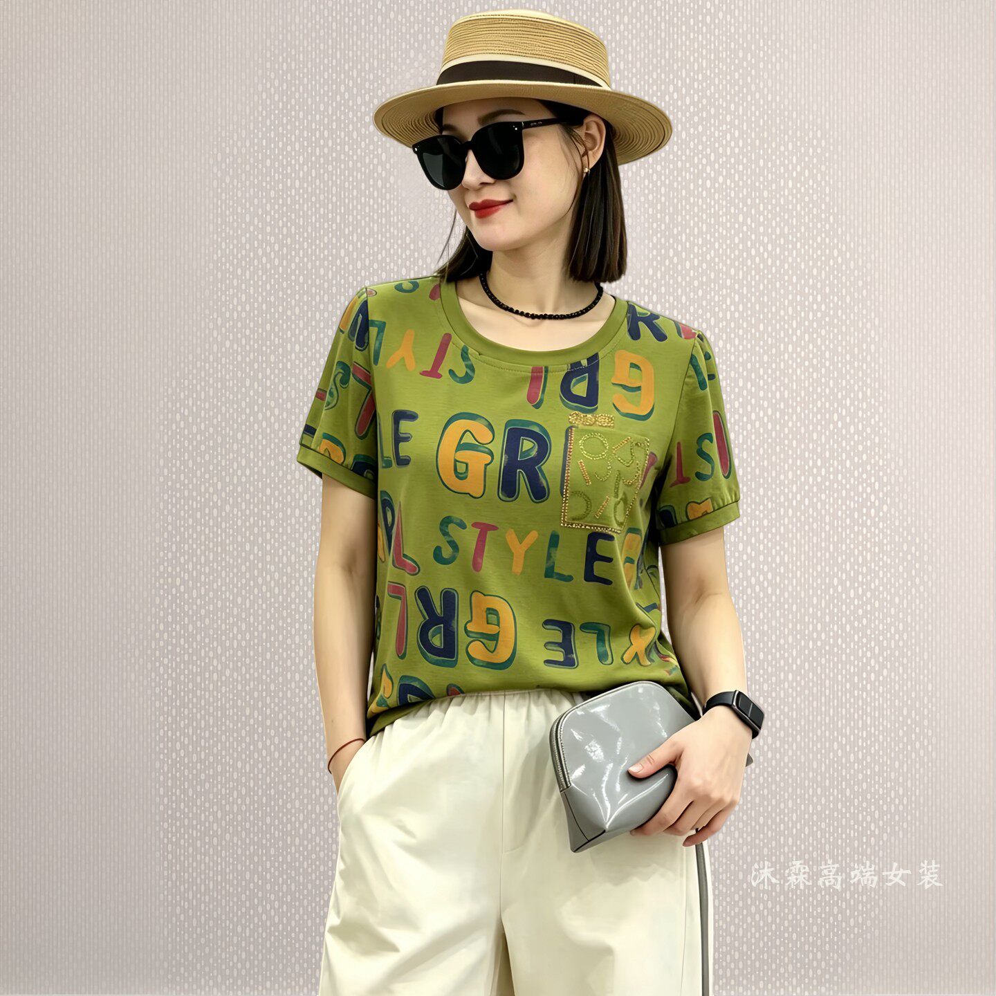 雅姿赏色珊瑚花2026夏季新款上衣大码显瘦宽松修身百搭t恤衫74040
