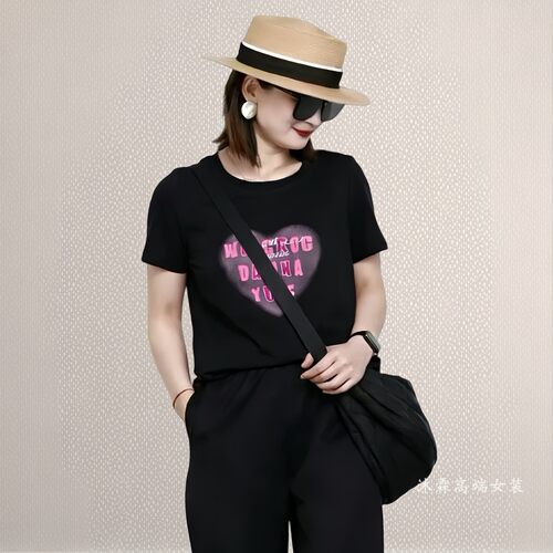 雅姿赏色珊瑚花2026夏季新款上衣大码显瘦宽松修身百搭t恤衫75022
