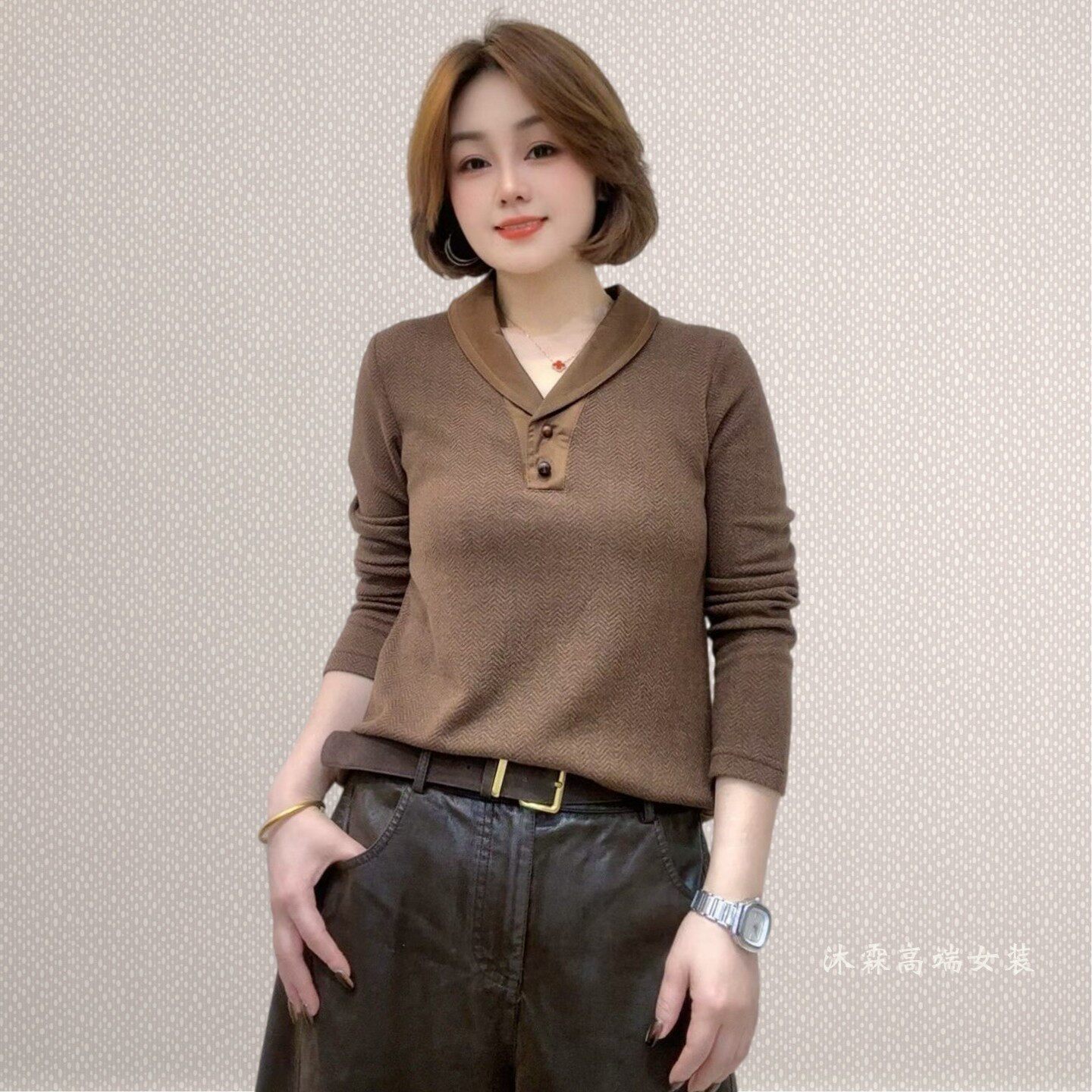 斐斐2026秋冬新款宽松大码修身显瘦气质女打底衫百搭上衣T恤7717