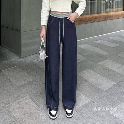 雅姿赏色珊瑚花2026春季新宽松大码修身显瘦胖M休闲直筒女裤48030