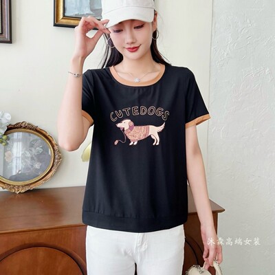 雅姿赏色珊瑚花2026夏季新款上衣大码显瘦宽松修身百搭t恤衫77506