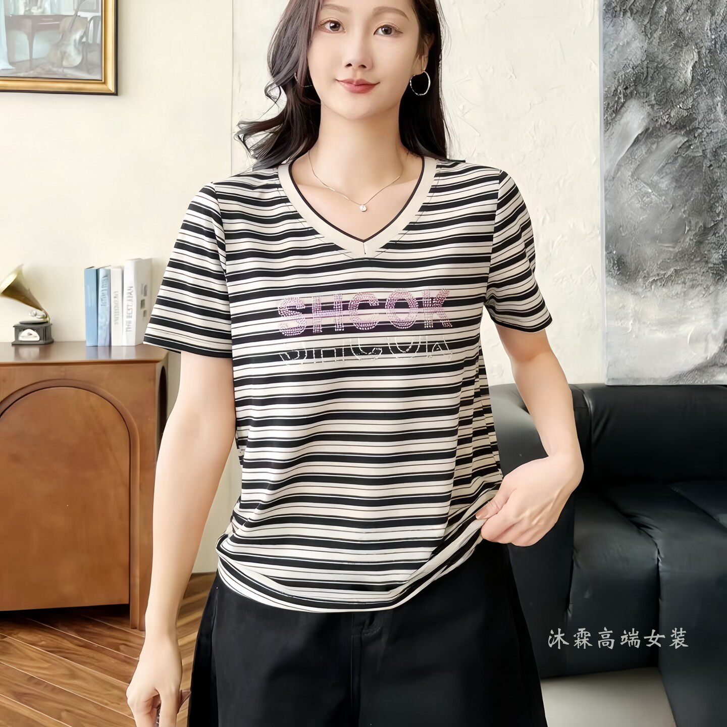 雅姿赏色珊瑚花2026夏季新款上衣大码显瘦宽松修身百搭t恤衫71044