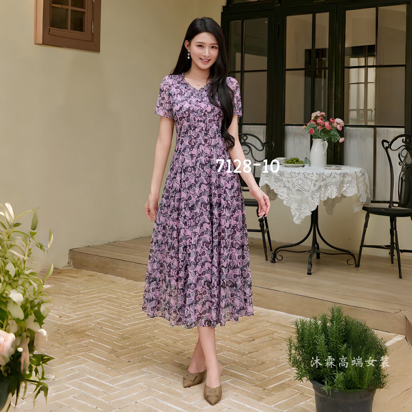 凯永2026夏季新款台湾纱料连衣裙隆穈丝女修身显瘦气质妈妈装7128