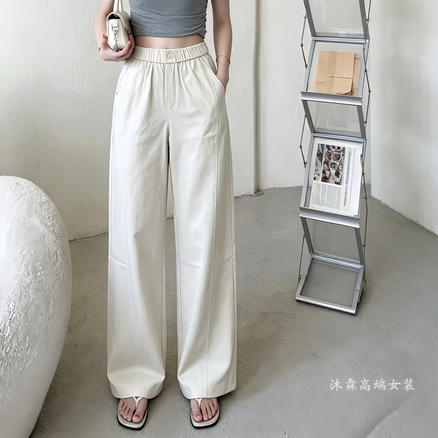 雅姿赏色珊瑚花2026夏新宽松大码修身显瘦胖M休闲直筒女裤79020-1