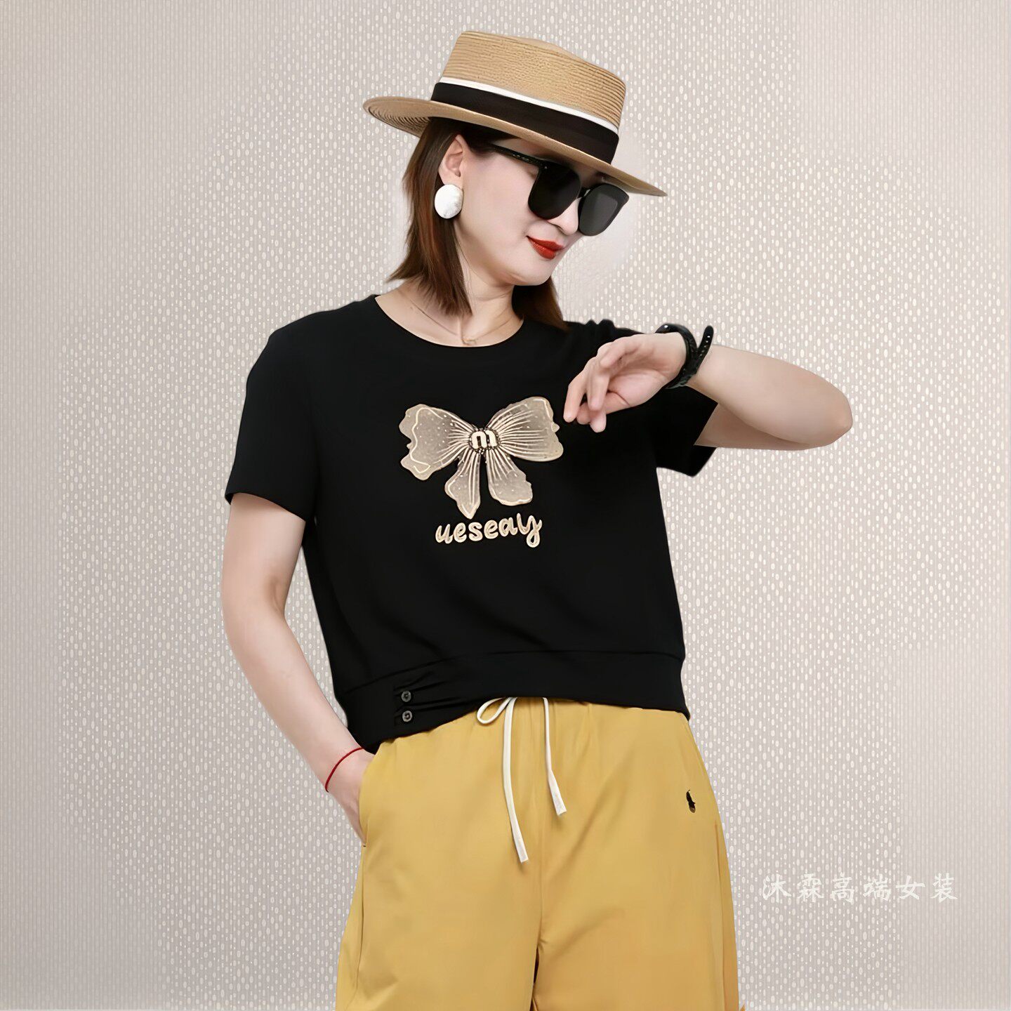 雅姿赏色珊瑚花2026夏季新款上衣大码显瘦宽松修身百搭t恤衫77924