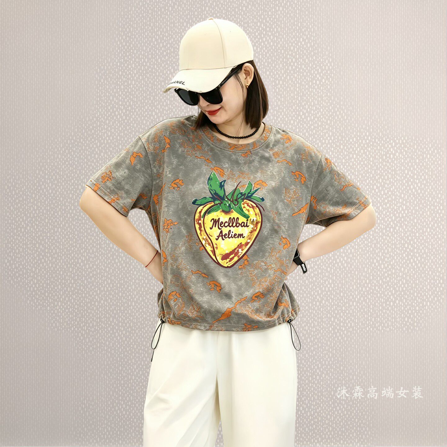 雅姿赏色珊瑚花2026夏季新款上衣大码显瘦宽松修身百搭t恤衫88067