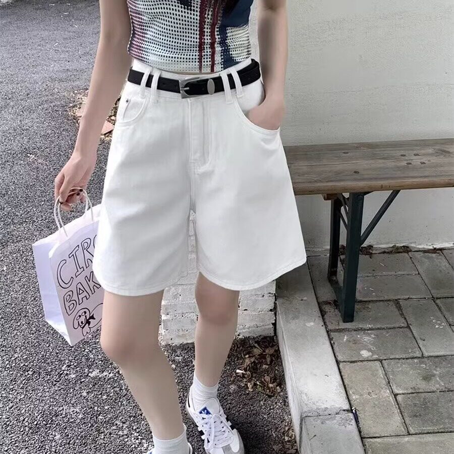 2024新款浅色牛仔五分短裤女宽松高腰大码小个子显瘦阔腿直筒中裤