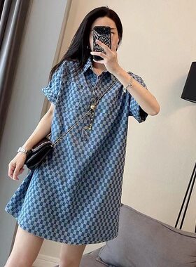 2-300斤胖mm牛仔蓝连衣裙女夏季新款特大码中长款宽松短袖t恤裙子