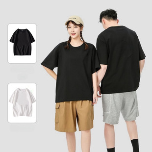女男紧密赛络纺黑白宽松圆领潮 加大码 200克100%纯棉短袖 t恤中长款