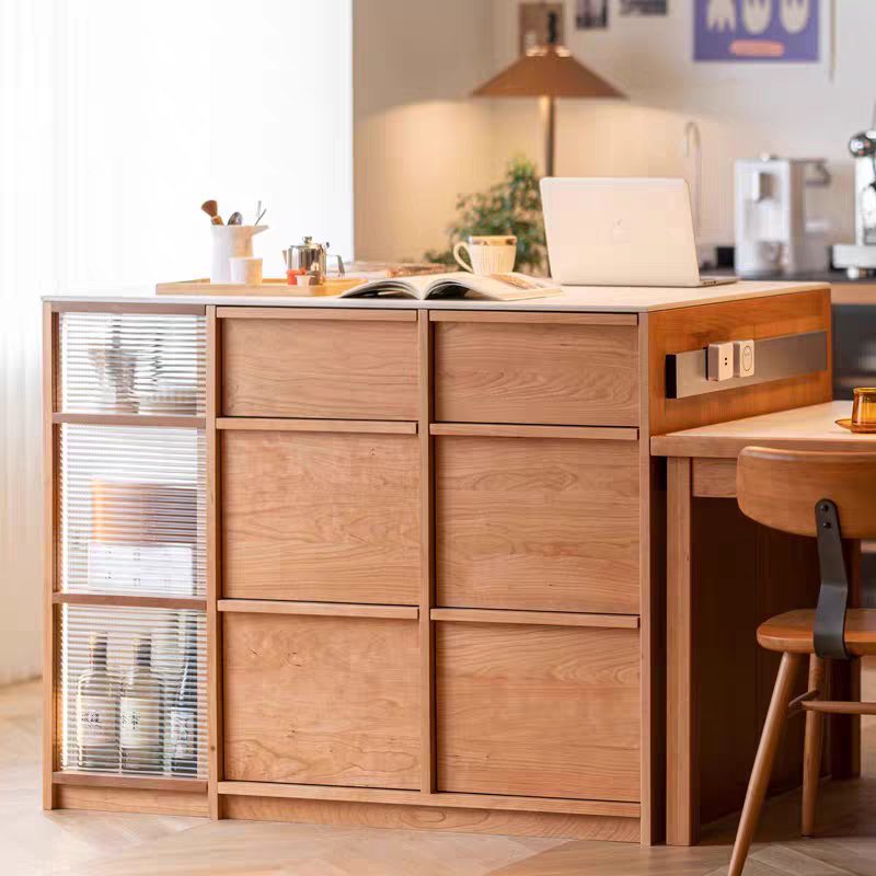 独立餐厅餐边柜实木一体岩板吧台线骨骼台餐桌收纳柜樱桃木中岛