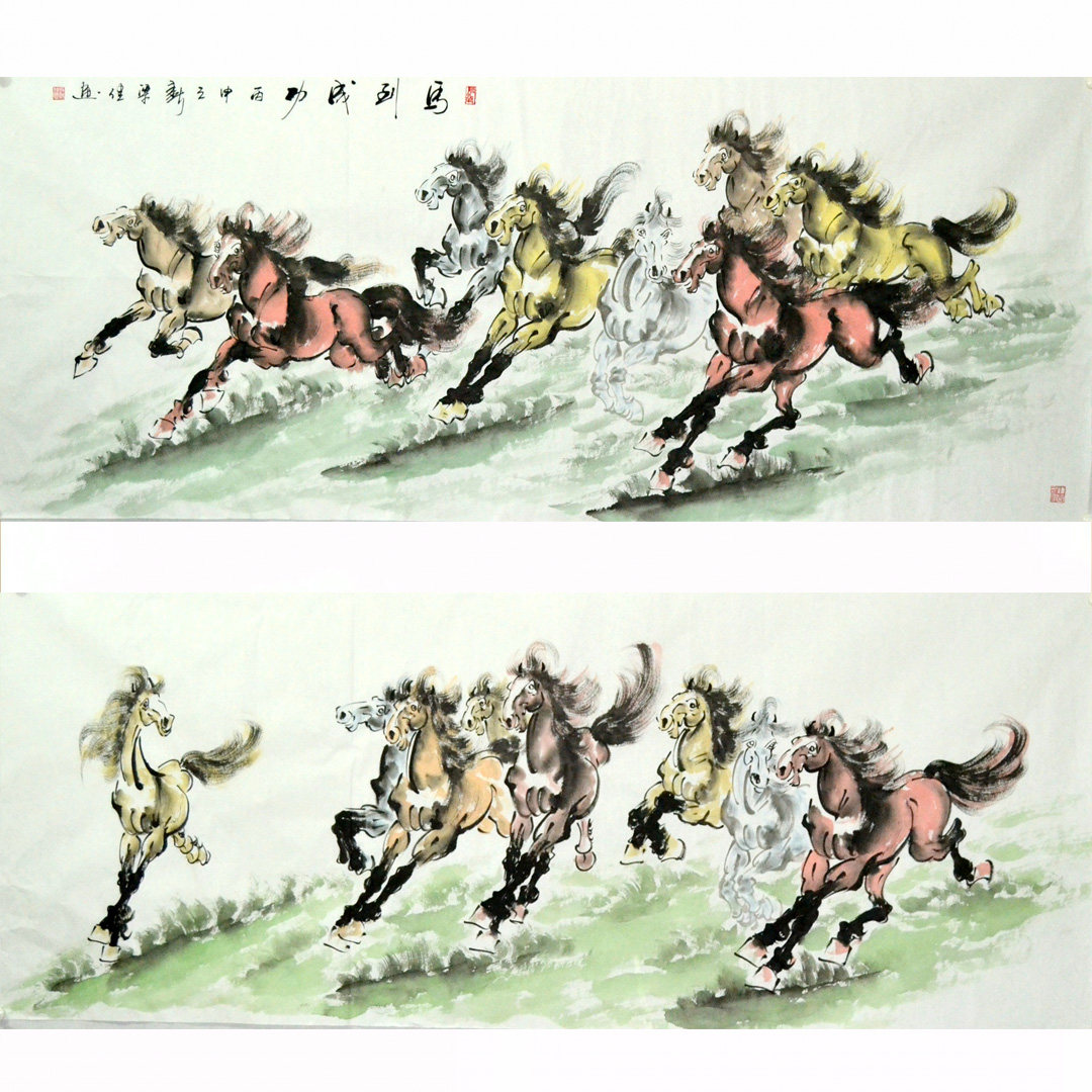 梁健小六尺马八骏图动物走兽横幅国画挂画手绘无款水墨字画办公室