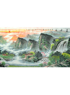 方正小八尺挂画手绘客厅聚宝盆春景青绿国画山水字画装饰墙画横幅