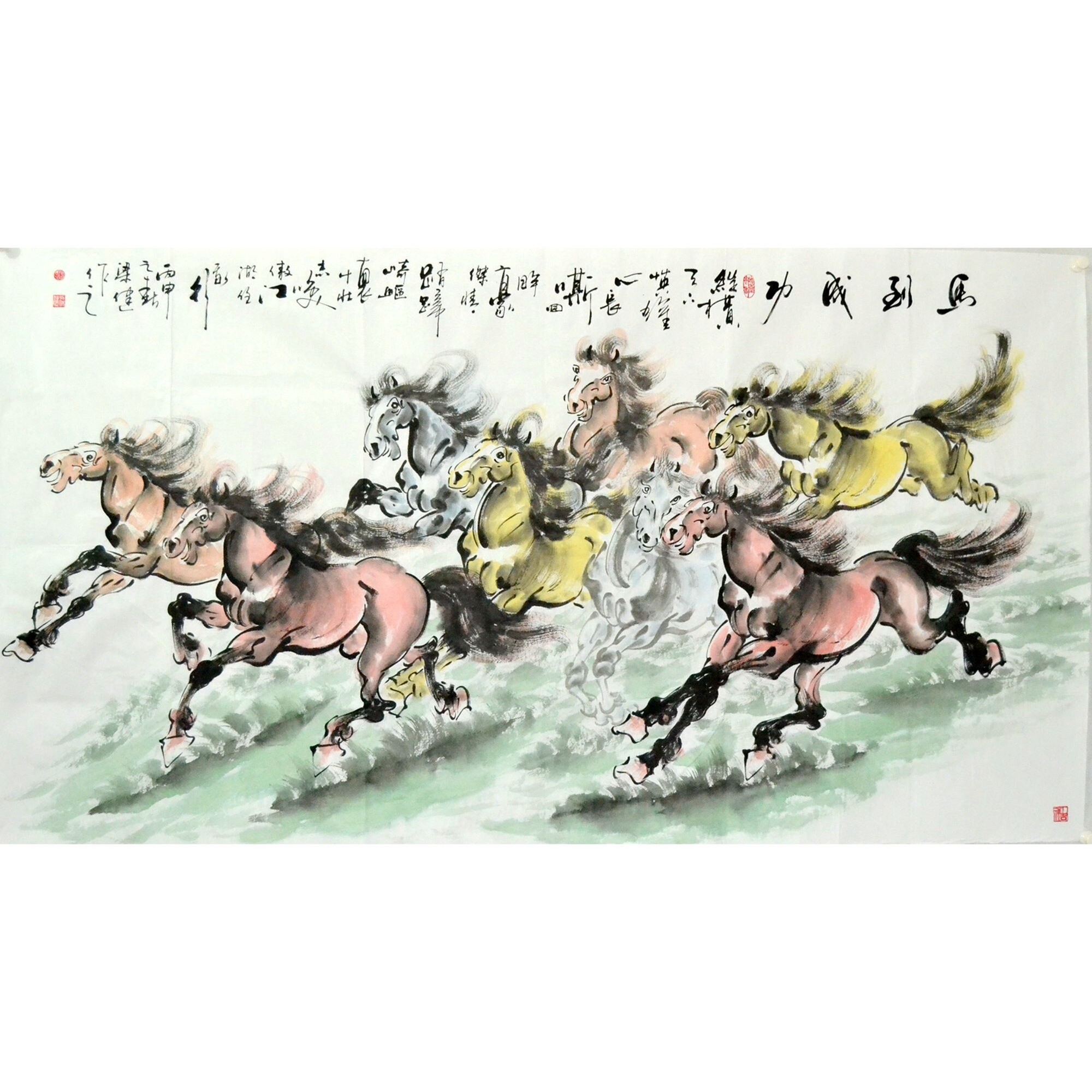 大六尺横幅八骏图马动物走兽字画客厅水墨画心办公室手绘风水梁健