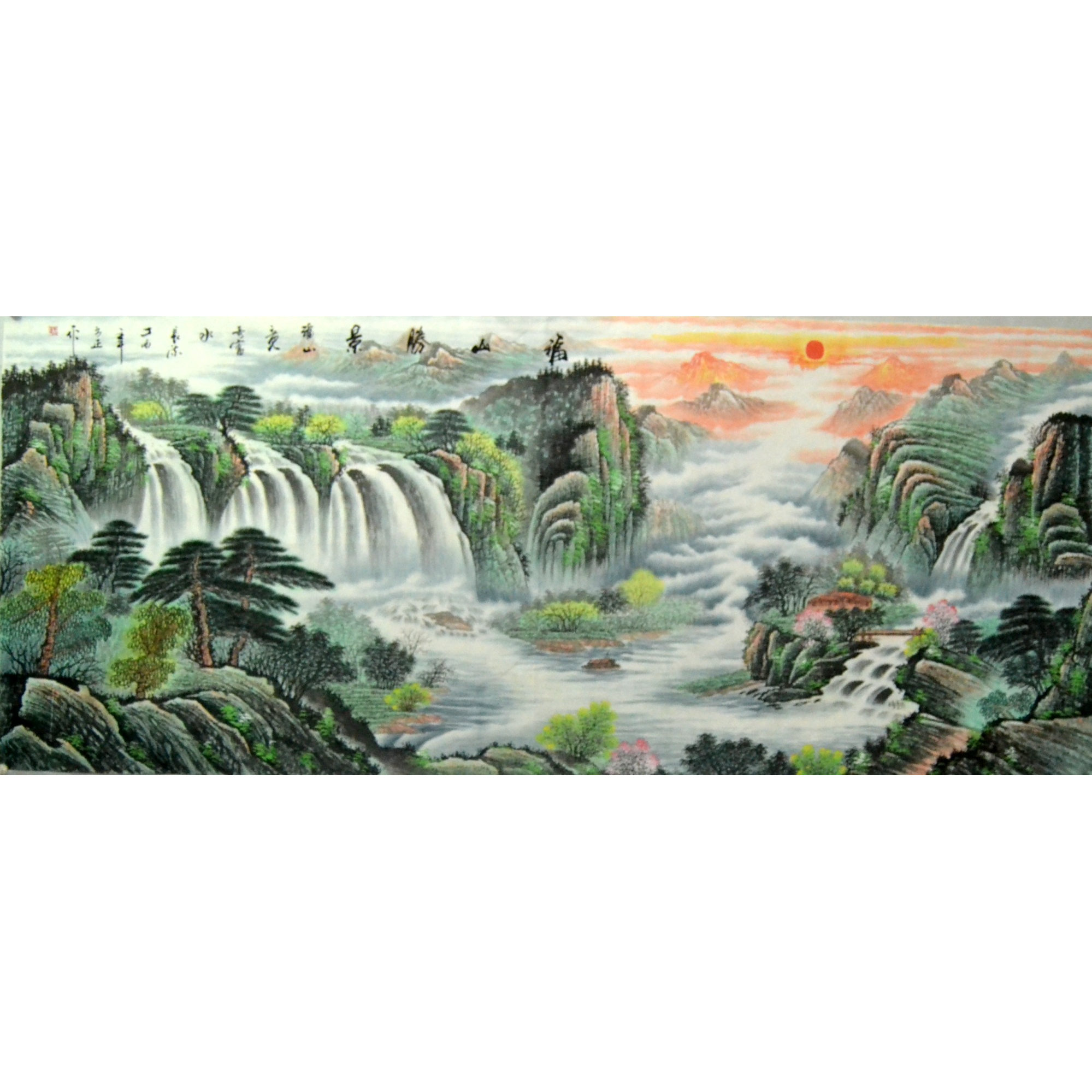 方正小八尺挂画手绘客厅聚宝盆春景青绿国画山水字画装饰墙画横幅
