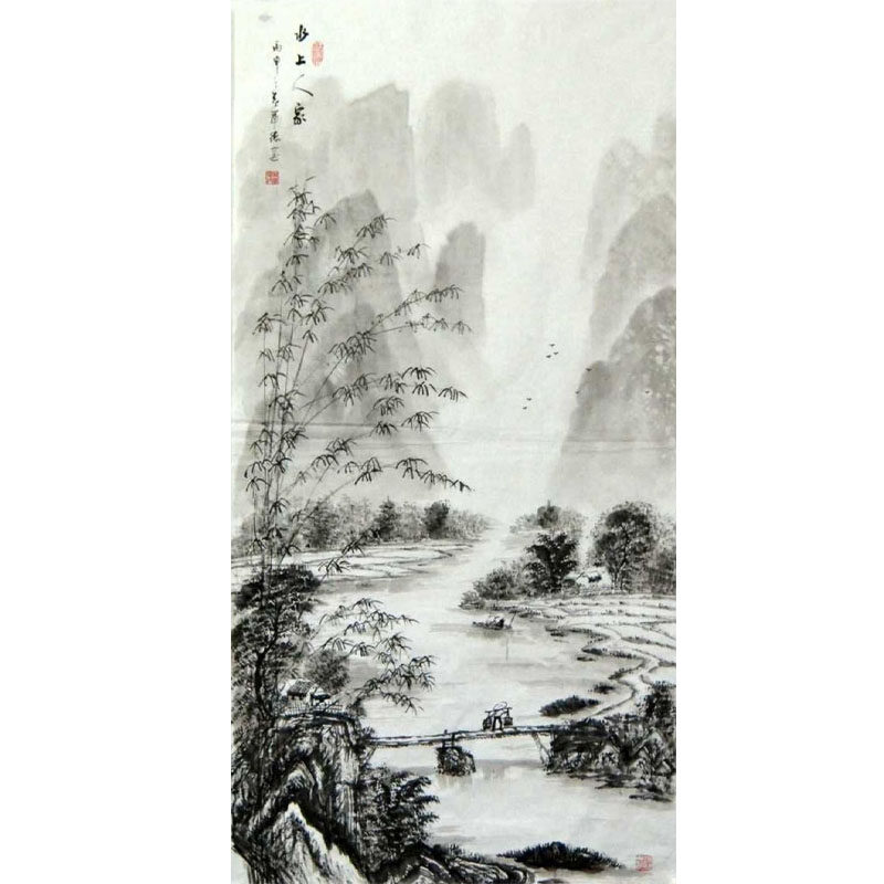 纯手绘客厅国画水墨山水桂林字画四尺竖幅吴军德中堂画心装饰风景
