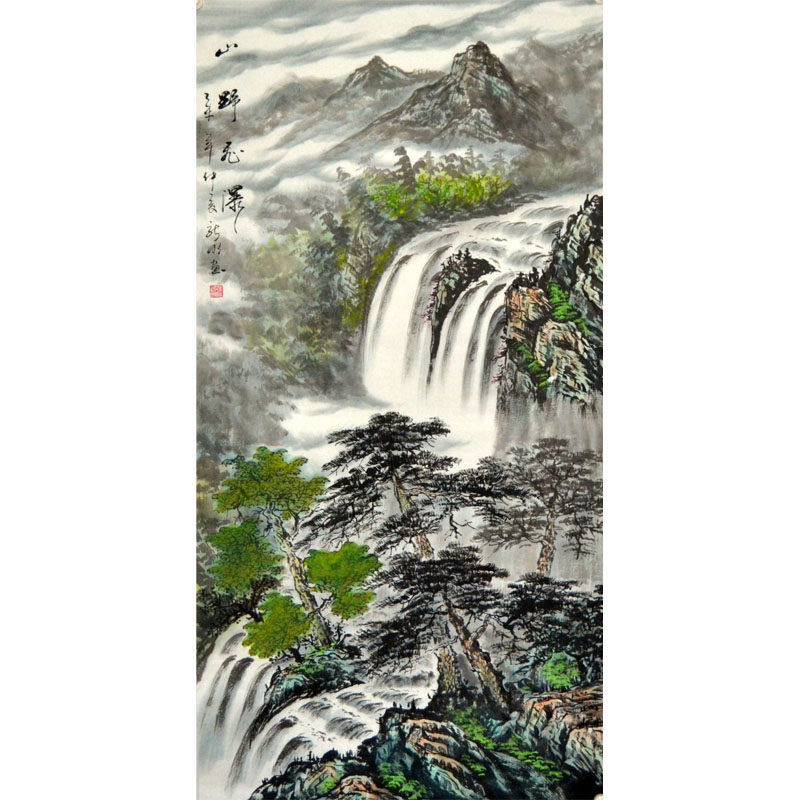 新明四尺国画山水字画手绘未裱无框竖幅中堂客厅装饰茶楼送礼青绿