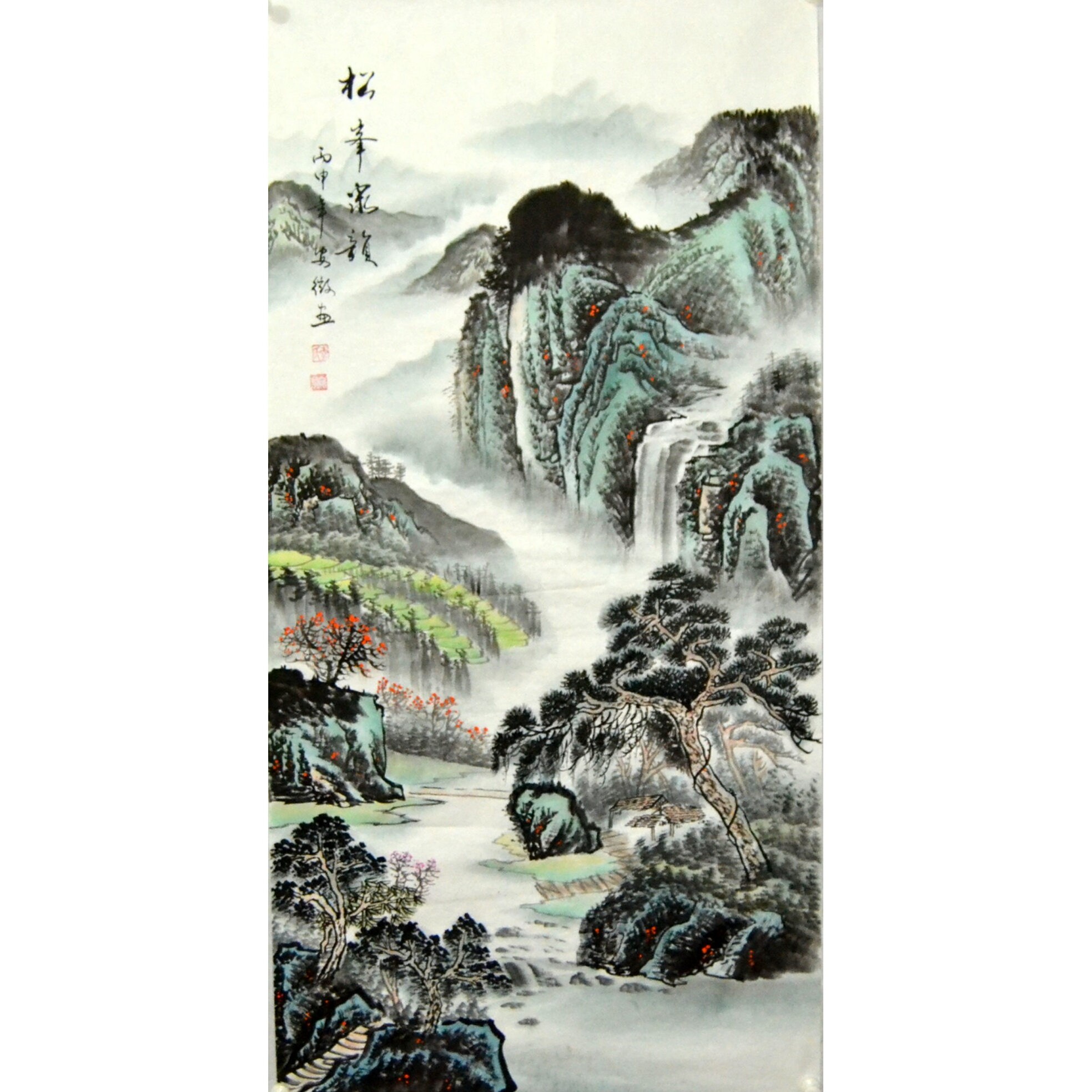 四尺茶楼风景画心客厅国画山水画字画竖幅中堂春景青绿纯手绘装饰