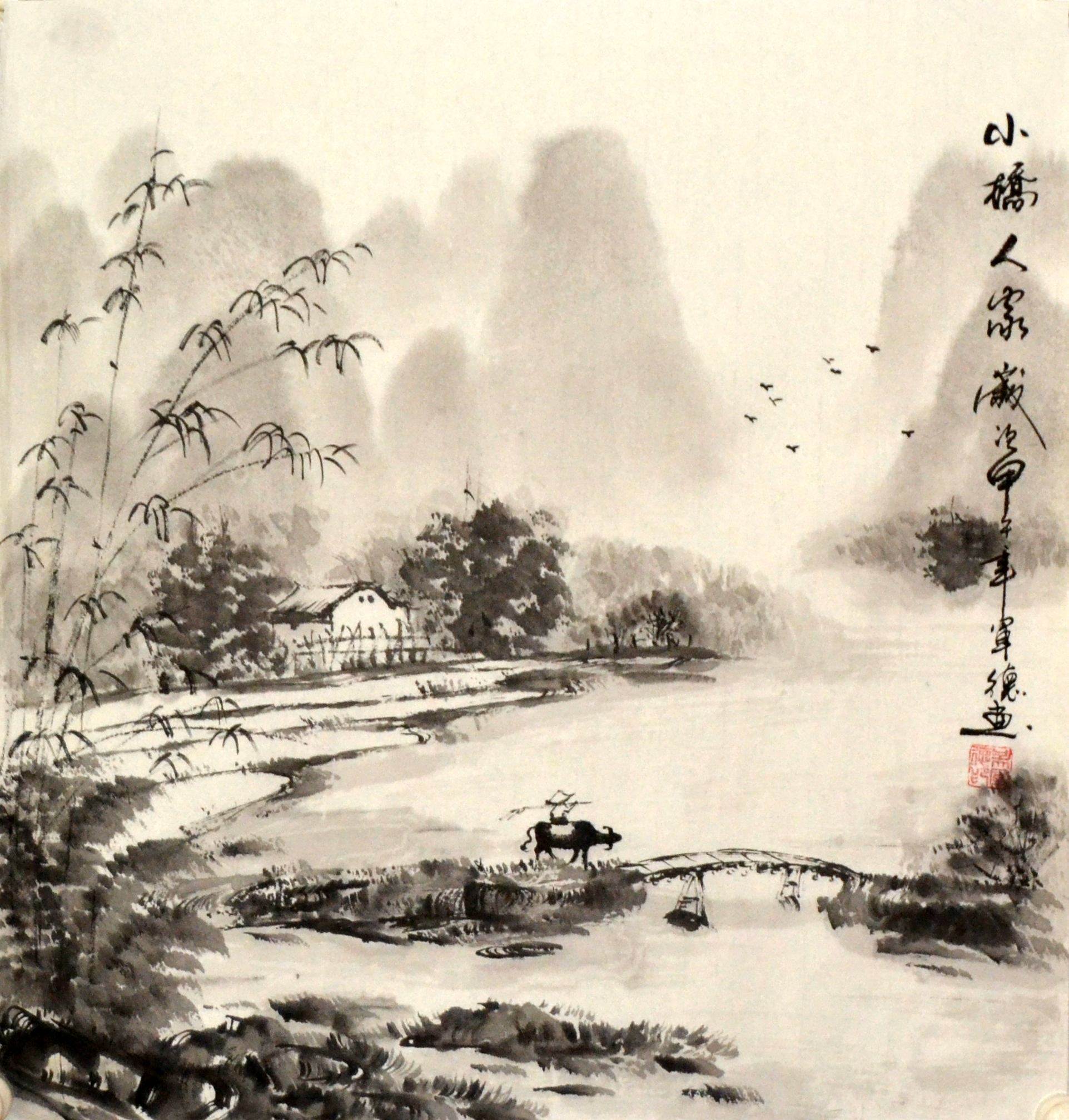 桂林漓江风光国画水墨山水字画挂画手绘四尺三开装饰书房三尺斗方