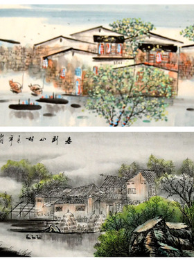 山水客厅家居横幅三尺字画装饰挂画手绘陈武无款淡雅春景青绿国画