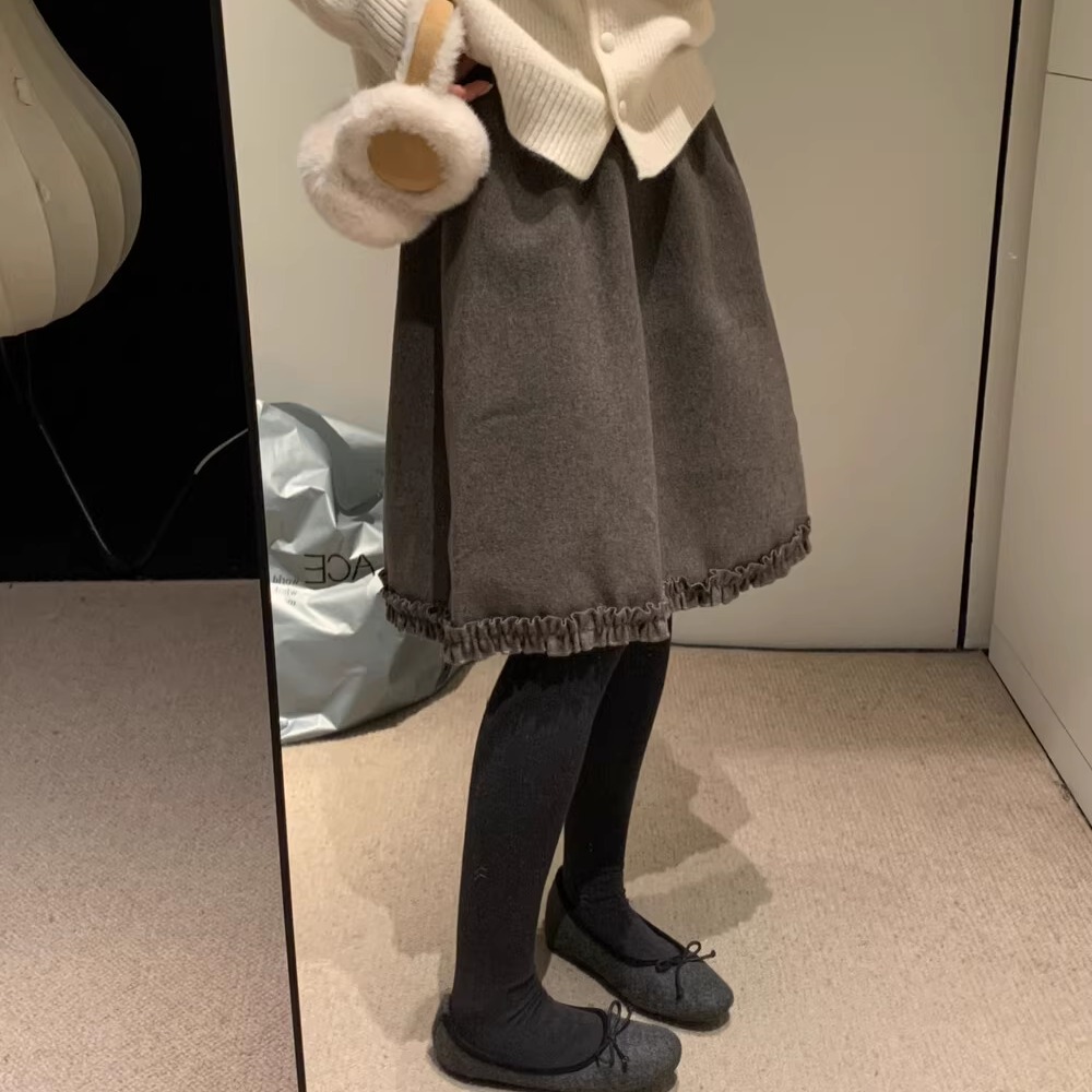 复古花边毛呢半身裙女A字中裙