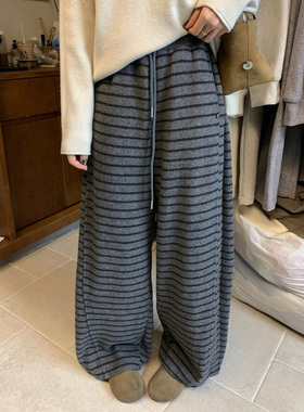 磨毛条纹加绒加厚抽绳收脚休闲裤女宽松百搭慵懒卫裤灰色阔腿长裤