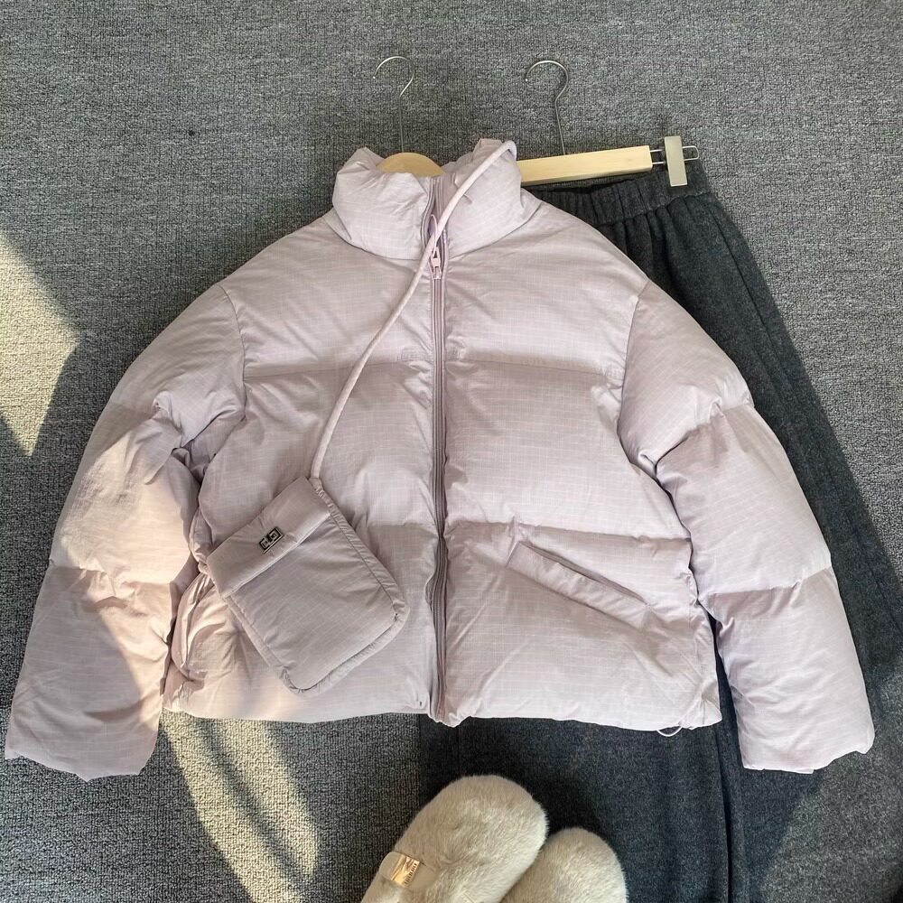 格子泡芙短款羽绒服女立领外套