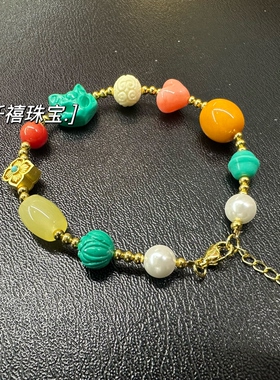 新款原创纯手工制作蜜蜡松石玛瑙多宝手串时尚手链情侣潮流礼物