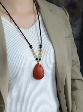 老蜜蜡编织绳平安扣吊坠毛衣项链二代仿蜜蜡小众长款卫衣链配饰品