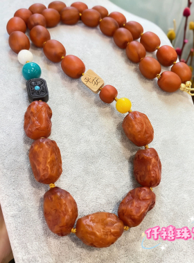 收藏天然海漂老红蜡原石随行项链毛衣链琥珀蜜蜡设计款男女锁骨链