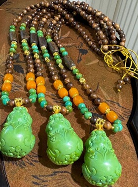 仟禧湖北绿松石原矿貔貅吊坠菜籽绿沉香木藏族男女同款毛衣链文玩