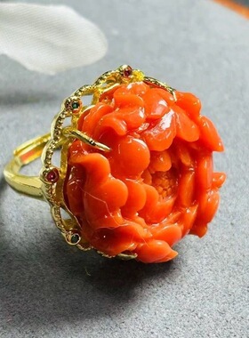 原创设计雕刻红牡丹花戒指时尚个性款古典牡丹花活口戒指