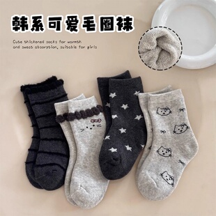 女童袜子秋冬季毛圈加厚加绒中筒袜猫咪可爱韩系女孩保暖棉袜冬天