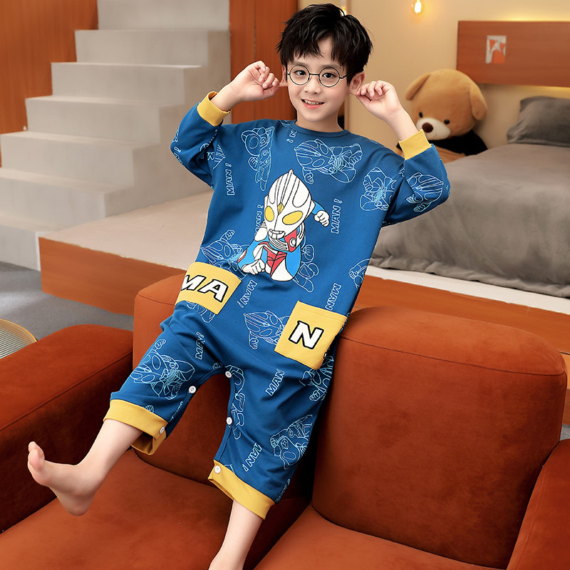 2022新款儿童连体睡衣男孩家居服纯棉中大童奥特曼男童连体衣卡通
