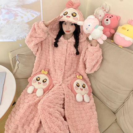 蛋仔派对睡衣女款秋冬季珊瑚绒加绒加厚睡袍冬款套装女两件套装