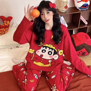 红色睡衣女生冬纯棉衣服本命年可爱蜡笔小新套装大码家居服女套装